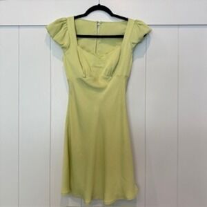 Lush Mini Dress Square‎ Neck Puff Sleeve Cutout Back A-Line Green XS